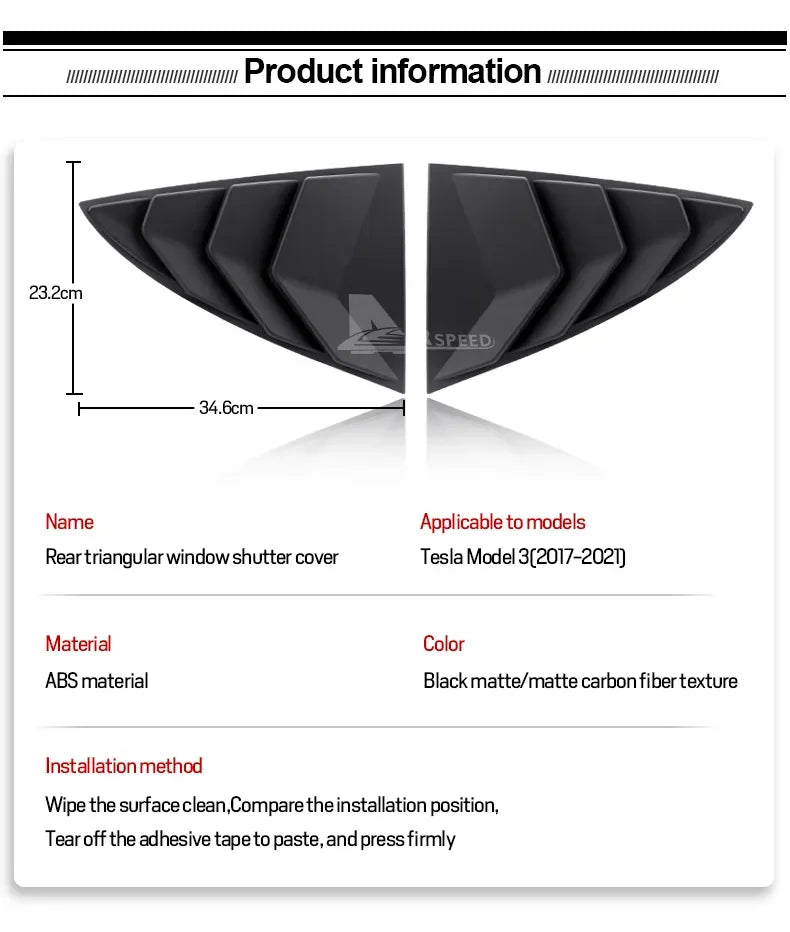 ABS Rear Car Window Shutter Cover For Tesla Model 3 2017-2023 Highland 2024 Louver Side Vent Trim Triangle Modified Accessories